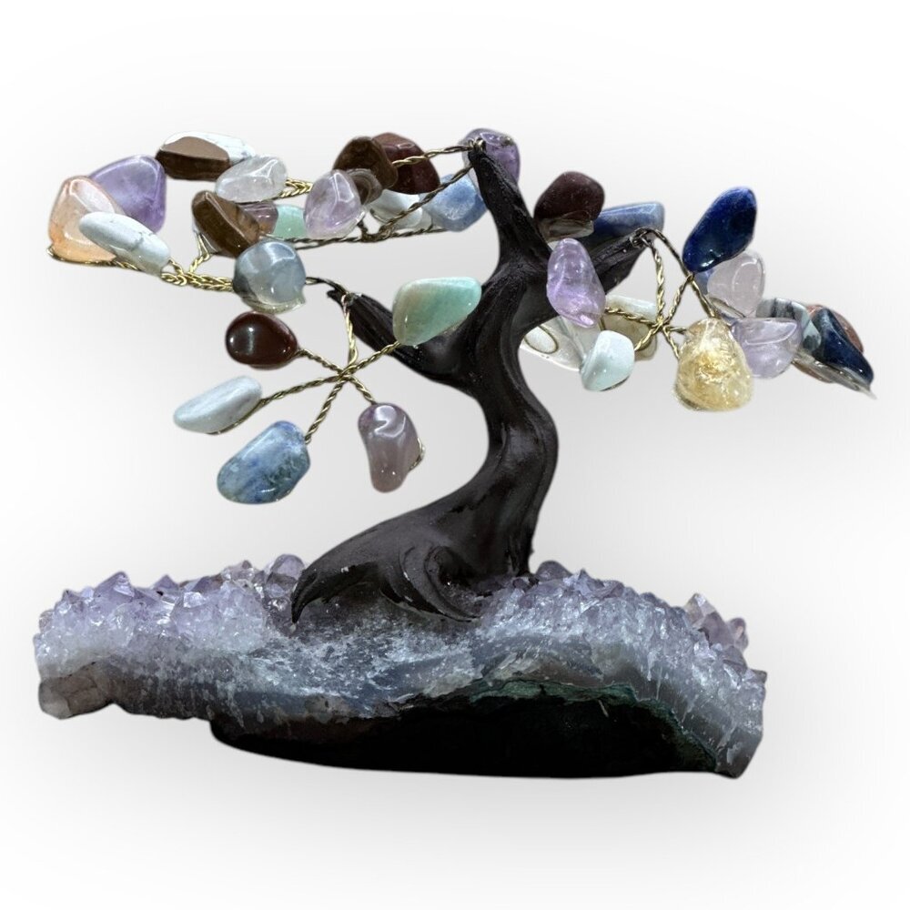 Bonsai Crystal Chakra Tree of Life Amethyst Geode Gemstone Base 3.5 in. Tall (N)